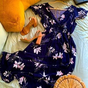 💯%RAYON KINDRED WOMEN MAXI SUMMER FLORAL NAVY DRESS LONG V-NECK ELASTIC WAIST